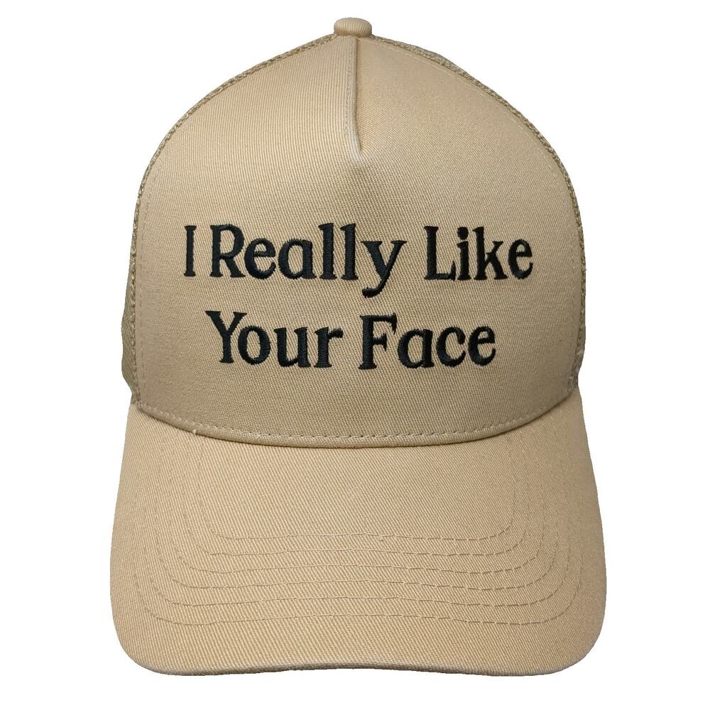 Foundrie Trucker Hat Beige OSFM Snapback I Really Like Your Face Mesh Graphic